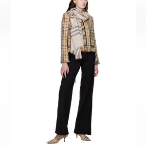 NWOT Burberry Beige Vintage Check Plaid Collarless Jacket Blazer in Tan Plaid thumbnail 4