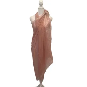 Elegant Sheer Pink Shawl with silver metallic trim 41”x76” EUC thumbnail 2