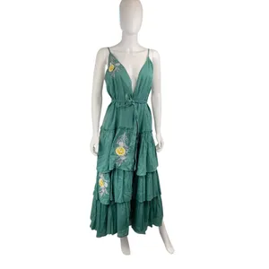 Anouk Grewal‎ Green Maxi Dress Embroidered Lemon Tiered Sleeveless Medium thumbnail 3