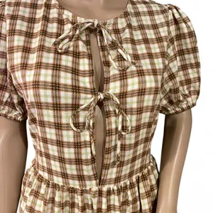 Motel Plaid Puff Sleeve Tie-Front Dress Size S Brown & Green Check Cottagecore thumbnail 10