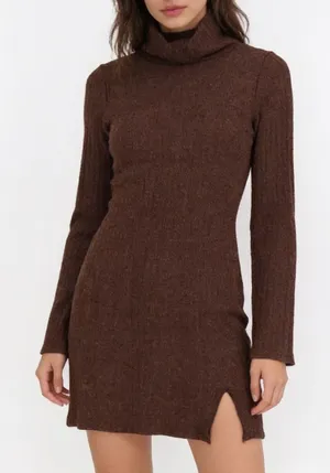 Gina Tricot Brown Turtleneck Ribbed Knit Mini Dress XS Long Bell Sleeve Slit thumbnail 1