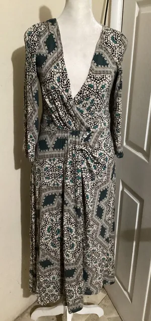 Maeve Dress Womens Small Green Geometric Mosaic Print Long Sleeve Wrap Boho thumbnail 1