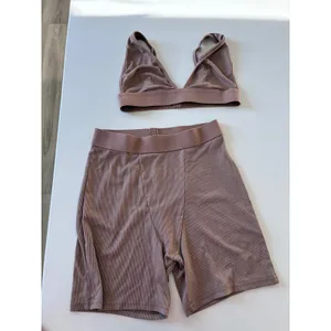 Ribbed Lounge Set Triangle Bralette and High Waisted Biker Shorts Taupe Brown thumbnail 2
