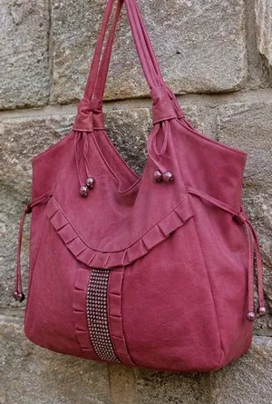 Large Pink Shoulder Bag Purse Rhinestone Accent Ruffle Faux Leather Tote thumbnail 1