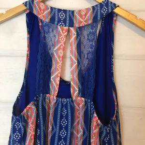 Umgee boho sleeveless striped Aztec print lace back keyhole flowy mini dress thumbnail 3