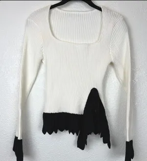 Balletcore Bow Coquette‎ Girl Ribbed Knit Square Neck Sweater Ruffle Hem thumbnail 1