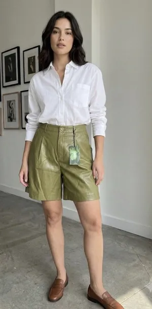 Women Faux Leather Shorts Olive Green High Waist Pleated Shorts Size 3XL NWT thumbnail 1