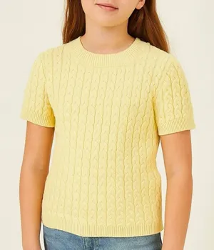 NWT Fitz + Eddi Cable Knit Short Sleeve Sweater Yellow Preppy Crew Neck Size S thumbnail 1