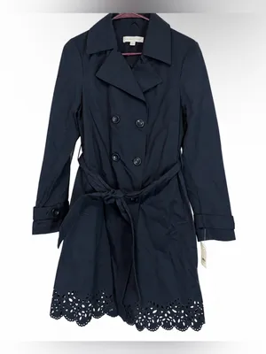 New York & Company Navy Belted Trench Coat Floral Eyelet Scalloped Hem size m thumbnail 2