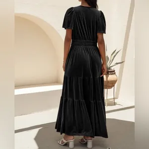 THML NEW Black Velvet Velour Tiered Maxi Dress Puff Sleeve Boho Cottagecore S thumbnail 3