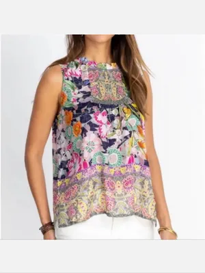 Johnny Was Cisco Ife Tank 100% Silk Tropical Floral Print Flowy Silhouette. thumbnail 2