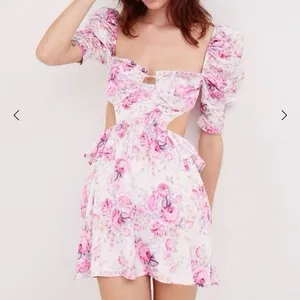 For Love & Lemons Lucia Floral Cutout Puff Sleeve Pink Mini Dress Size S New thumbnail 2