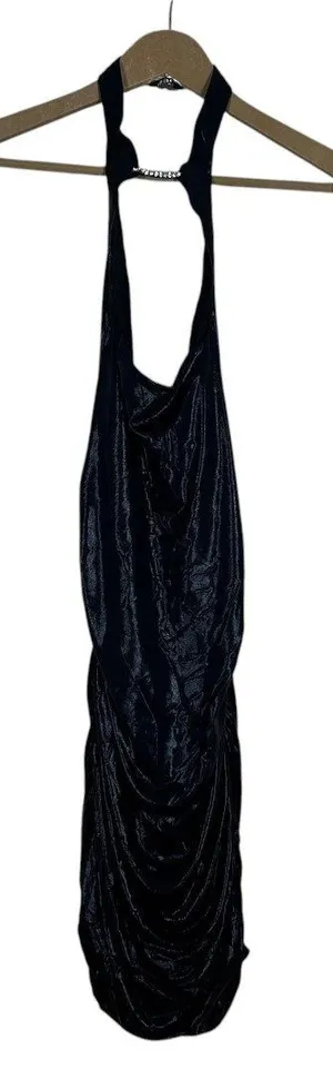 Oh Polly Ruched Metallic Halter Cowl Neck Mini Dress Black Glam Night Out Size 4 thumbnail 1