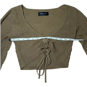 White Fox Brown Ribbed Lace Up Crop Top‎ Balloon Sleeve Size XS Minimalist Basic thumbnail 7