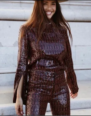 NWT Zara High Collar Sequin Long Sleeve Top thumbnail 5