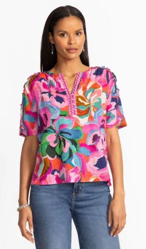 Johnny Was Sz L Ruffe Seam V Neck Blouse Top Embroidered placket floral thumbnail 1