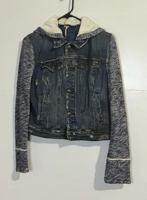 Free‎ People Throwback Hooded Denim & Knit Jacket Size Small Jean Anthracite thumbnail 1