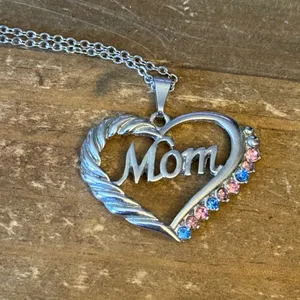Silver tone open heart pink and blue rhinestone Mom pendant necklace thumbnail 4
