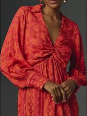 Farm Rio Midi Dress Womens Small Red Orange Long Sleeve V-Neck thumbnail 2