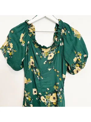 Urban Outfitters Dress Size 2 Green Floral Puff Sleeve Off Shoulder Mini Cottage thumbnail 4