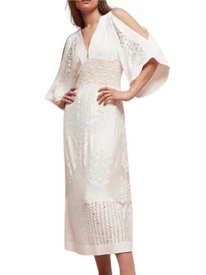Farm Rio Solana Ivory Lacer Cut Bell Sleeve Midi Dress SMALL thumbnail 2