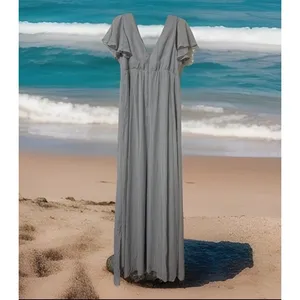 Chic Birdy Grey Chiffon Maxi‎ Dress Size M Bridesmaid Pockets Ruffle Sleeve BOHO thumbnail 3