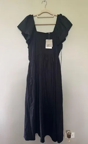 Black Midi Sundress with Flutter Cap Sleeves and Square Neck thumbnail 1