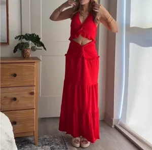 Red Plunge Neck Halter Top and Tiered Ruched Maxi Skirt Set thumbnail 7