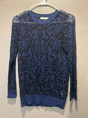 Hinge Nordstrom Womens Small S Blue Black Damask Intarsia Knit Sweater Top thumbnail 1