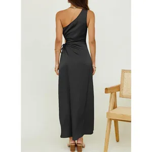 NEW 1 Shoulder Dress Cutout Ruched Split Satin Cocktail Maxi Dress M thumbnail 4