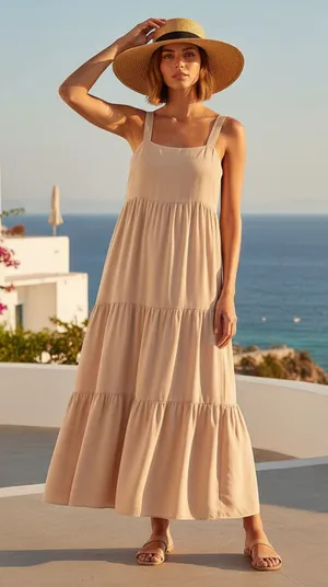 The Drop Beige Brit Tiered Ankle Maxi Tent Dress Size L Ginger, NWT thumbnail 1