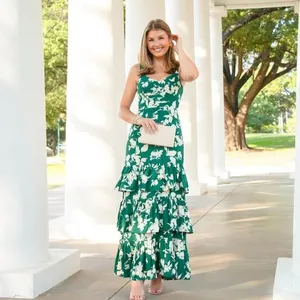 Abercrombie Ruffle Tiered Maxi Dress Size XS Floral Green Spring Wedding thumbnail 2