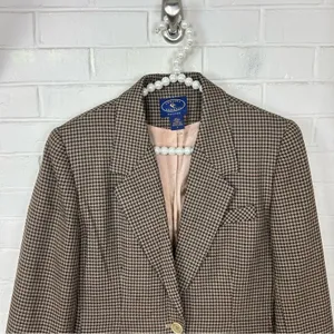 Vintage Chelsea Campbell Petites Brown Houndstooth Wool Blazer Jacket Size 8P thumbnail 3