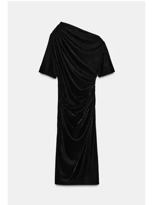 Zara ZW COLLECTION VELVET DRESS Black‎ One-Shoulder Midi Dress thumbnail 4