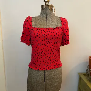 Anthropologie Dolan Polka Dot Smocked Puff-Sleeved Boho Top - Size Medium thumbnail 4