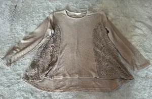Women’s Indigo Soul Taupe Lace-Panel Waffle Knit Long-Sleeve Top Size X-Large thumbnail 1