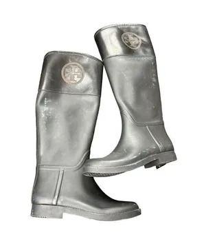 Tory Burch Women's Tall Black Rubber Leather Riding Boots Size 7M *note flaw thumbnail 1