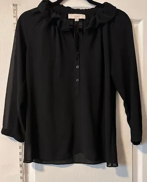LOFT Long Sleeve Sheer Black Blouse, Size Small thumbnail 1