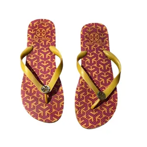Tory Burch Women's Flip Flop Sandals Yellow Straps Red/Orange Geometric Pattern thumbnail 3