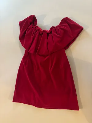 Pink velvet off the shoulder dress thumbnail 1