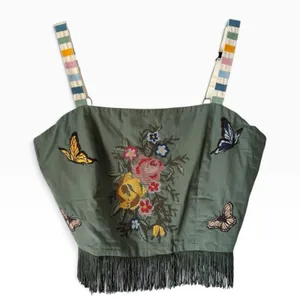 EDDY Green Floral Butterfly Needlepoint Fringe Crop Corset Top Size Large thumbnail 1