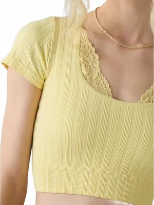 UO Out From Under Thalia Seamless Knit Lace Trim Crop Tee Urban Outfitters S/M thumbnail 3