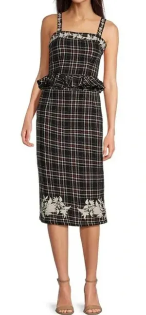 FANM MON Tweed Tartan Plaid Embroidered Square Neck Peplum Top XS NWT thumbnail 1
