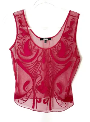 ASOS Bright Red Sheer Embroidered Tank Top 100% Polyester Womens 4 thumbnail 1