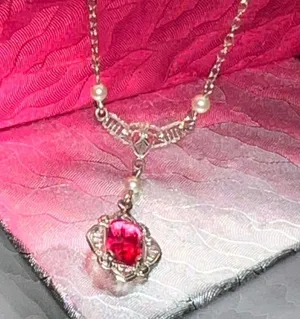 10K Gold 13” Red Stone/Pearl Drop Necklace thumbnail 5