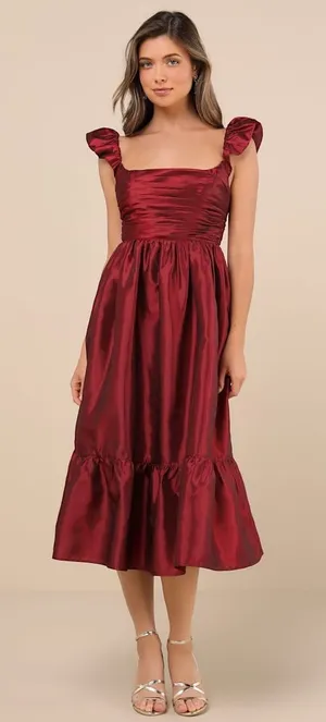 Lulus Poised Passion Wine Red Taffeta Pleated Ruffle Midi Dress Size XS NWT thumbnail 1