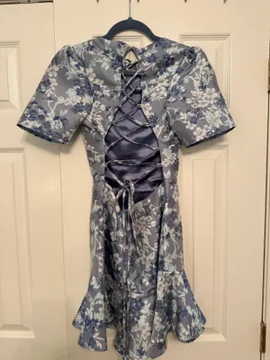 Lulus Blue Floral Jacquard Ruffled Skater Dress thumbnail 7