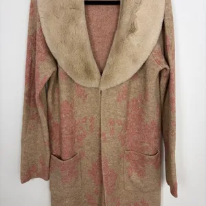 Happily Grey Long Cardigan Faux Fur Neckline Pink Tan Elevated Indie Glam Large thumbnail 4