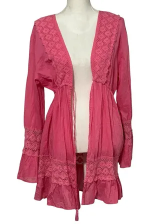 American Flirt Pink Beach Longsleeve Cover-up Tunic Lace with Tassel NWOT thumbnail 1