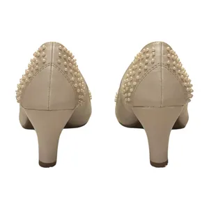 Silver Slipper Pumps Size 7M Beige Pearl Embellished Kitten Heels thumbnail 5